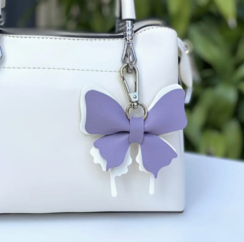 Purple White Butterfly Faux Leather Keychain Bag Charm